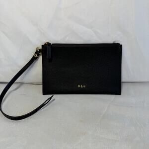 Ralph Lauren Black Pebbled Leather Zipper Pouch Purse Insert Loop Closure Mint